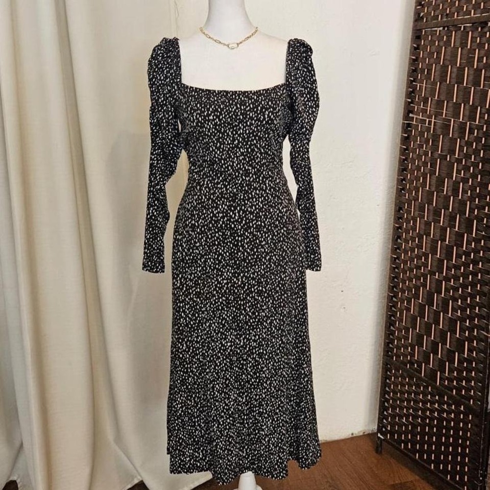 Sosandar Women's Black and White Polka Dot Midi Dress with Puffy Sleeves